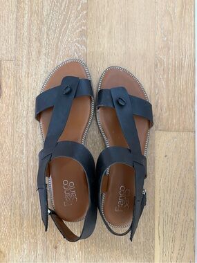 Franco Sarto Black Leather T-Strap Sandals